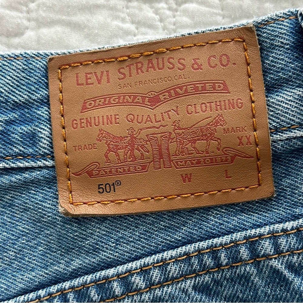 Levis Premium 501 Big E Distressed Button Fly Denim Cut-Off Blue Jean Shorts 27 - Picture 4 of 12